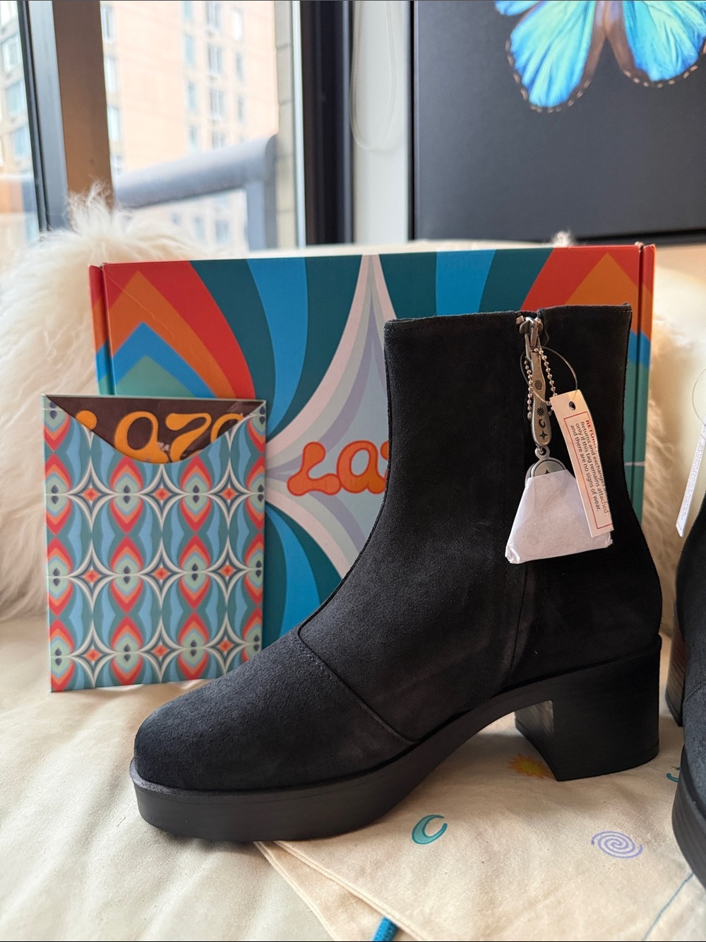 NEW, Lazo Siren Goldstone Obsidian Black Suede Ankle Boots Size 6